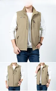 Detail view of khaki fleece vest with stand collar and functional zipper pockets