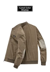 Detail view of camel corduroy jacket with elbow patches and elastic ribbed cuffs