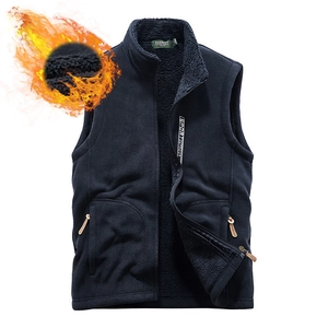 Men's navy blue fleece outdoor vest with warm sherpa lining and full zip closure