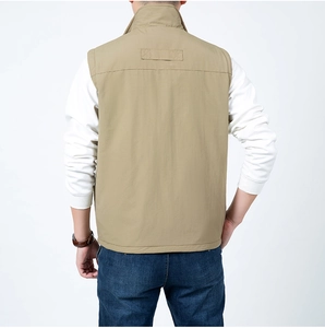 Rear view of men's khaki fleece vest featuring a stand collar and panelled stitching