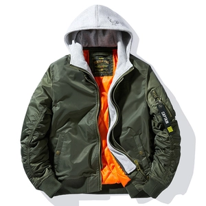 Men's Hooded Bomber Jacket Military Style Embroidered Flight Jacket Thickened Polyester Workwear Outwear Casual Coat