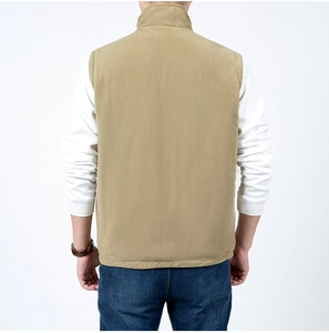 Back view of men's khaki fleece vest featuring a stand-up collar and thermal fabric