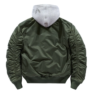 Dark green bomber jacket with ruched sleeves and star embroidery on grey hood back view