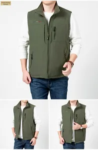 Detail of army green outdoor fleece vest with standing collar and functional pockets
