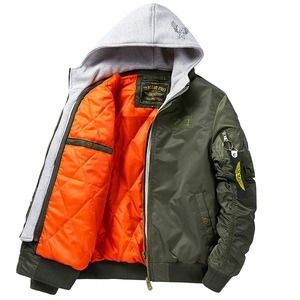 Men's army green flight bomber jacket with orange quilted lining and grey knitted hood