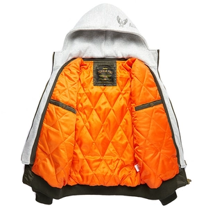 Men's military green bomber jacket with grey hood and orange quilted lining