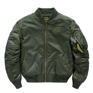 Army green MA-1 flight jacket with ribbed collar and tactical arm pocket on white background