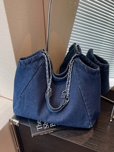 Retro denim tote bag with silver chain straps and large capacity for daily use