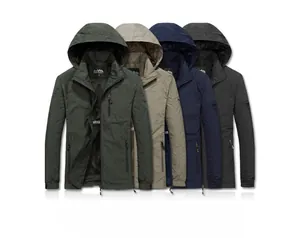 Close-up detail of lightweight windproof hooded jackets in military green and khaki colors