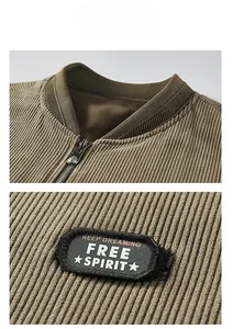 Detail of tan corduroy jacket with metallic zipper and Keep Dreaming patch on chest