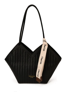 Retro black woven tote bag with V-shaped opening and decorative silk scarf detail