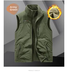 Detail view of military green fleece vest with windproof fabric and zipper pockets