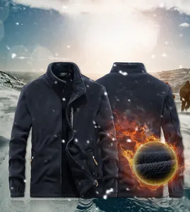 Detail view of navy fleece jacket showing inner thermal texture and zip pockets