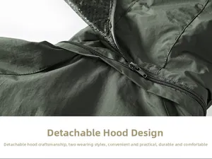 Detail of detachable hood with zipper and breathable mesh lining on men's casual jacket