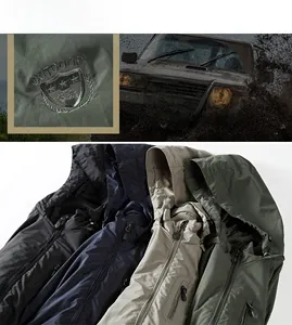 Close-up of men's hooded casual jackets in black, navy, grey and green showing outdoor logo