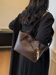 Retro dark brown large tote bag with colorful beaded charm and shoulder strap