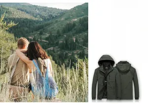 Detail of dark green outdoor hooded jacket with adjustable cuffs and zipper pockets