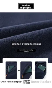 Detail of dark blue polar fleece vest showing secure zipper pockets and soft texture