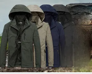 Detail of men's hooded casual jacket with waterproof fabric and arm badge design