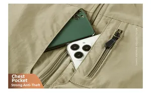 Detail of khaki outdoor vest showing deep chest pockets with anti-theft zipper for storage