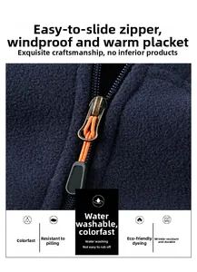 Detail of the smooth zipper and navy fleece fabric texture on the windproof outdoor vest