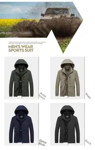 Detail view of men's hooded outdoor jacket showing four color options and breathable mesh lining