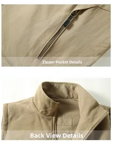 Detail of khaki fleece vest showing zipper pocket and warm polar fleece lining