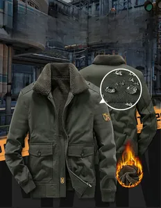 Macro view of military green winter bomber jacket with fleece collar and waterproof fabric