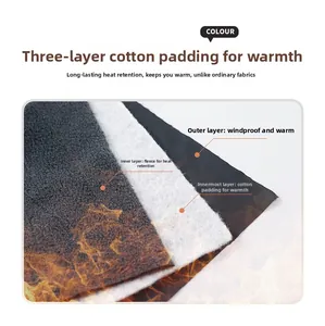 Three-layer thermal fabric detail showing windproof layer, cotton fill, and warm fleece