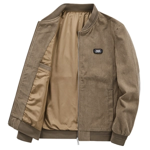 Men Casual Corduroy Bomber Jacket Loose Fit Zip Up Baseball Coat Ribbed Trim Vintage Outwear Long Sleeve Cotton Jacket