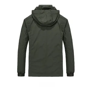 Back view of a casual dark green men's hooded jacket with elastic cuffs and windproof fabric
