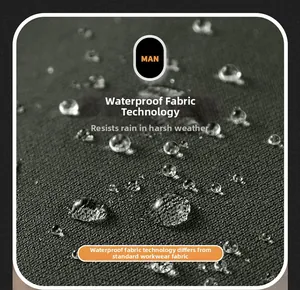 Close-up of water-resistant fabric with clear droplets on dark grey workwear cotton jacket