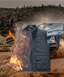 Detail of fleece lining and windproof fabric on men's multi-pocket thermal vest