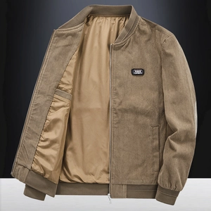 Men's loose corduroy bomber jacket in khaki with Free Spirit chest patch and rib trim