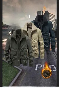 Detail of waterproof fabric and thick fleece lining on men's winter cargo jacket