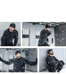 Winter thermal set featuring a black fleece jacket, knit hat, and gloves in snowy outdoor scene