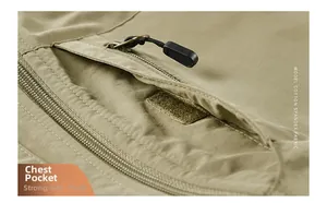 Detail of khaki outdoor vest showing a secure chest pocket with zipper and velcro seal