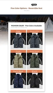 Close-up of reversible outdoor vest featuring multiple utility pockets and standing collar
