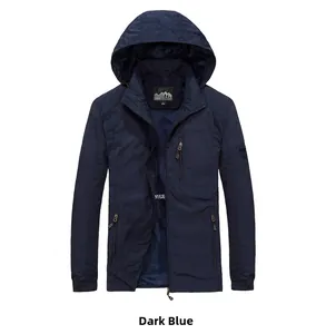 Detail of dark blue men's hooded windbreaker featuring mesh lining and zipper pockets