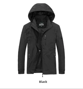 Detail view of black men's jacket showing adjustable drawstring hood and zipper pockets