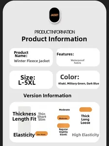 Size chart for winter fleece work jacket showing L-5XL range and waterproof features