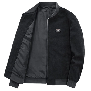 Men's black corduroy bomber jacket with ribbed collar and chest patch detail