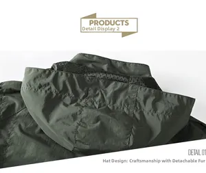 Detail view of military green hooded jacket featuring a mesh lining and detachable hood