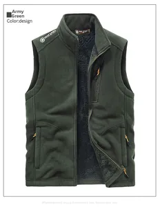 Macro view of military green fleece vest with front zip pockets and thermal lining