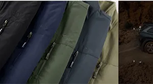 Detailed macro view showing five colors of outdoor vests with WE★AR star embroidery