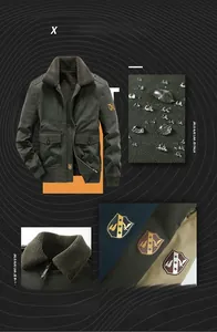 Detail of waterproof green workwear jacket with lamb wool collar and eagle sleeve badge
