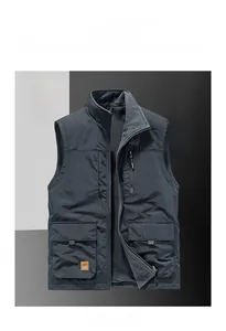 Detail of gray outdoor vest showing the warm fleece lining and sturdy metal zipper