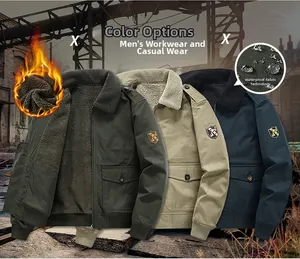 Detail of waterproof cargo bomber jacket with plush faux shearling collar and arm badge