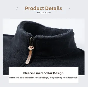 Detail of soft fleece lining and high-quality zipper with leather puller on warm jacket