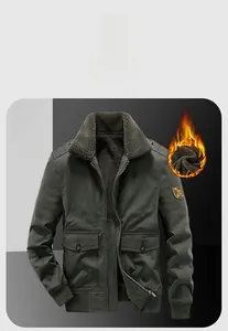 Detail of military green aviator jacket showing plush fleece collar and durable canvas texture